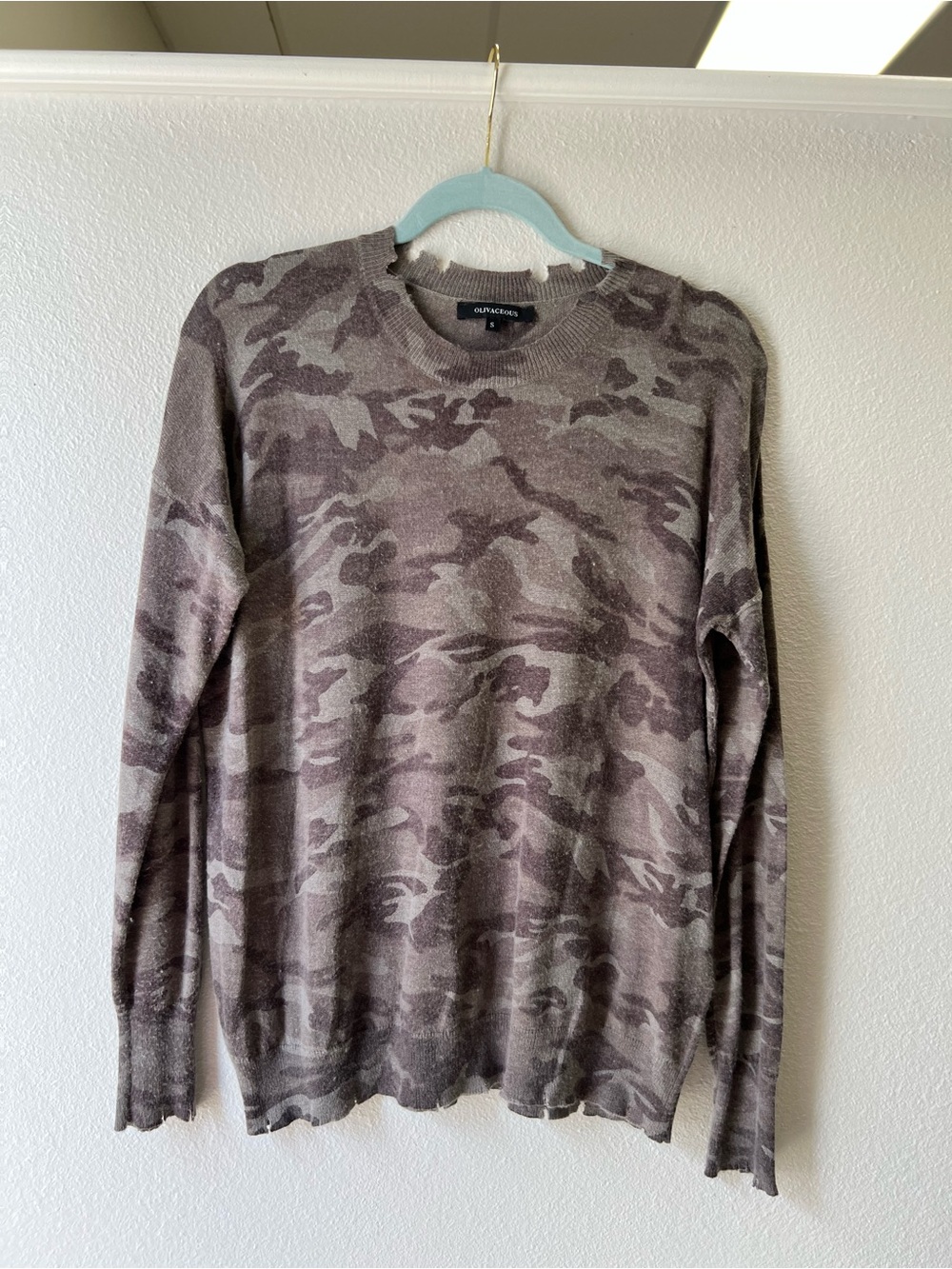 Olivaceous Distressed Camo Sweater